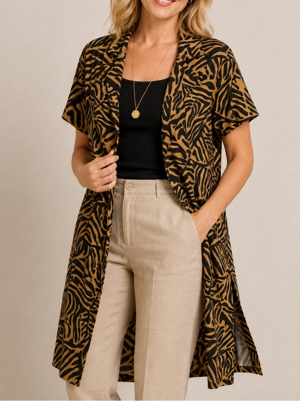 Vintage Sophisticate Animal Print Long Open Blazer Jacket Side Slits Size 12